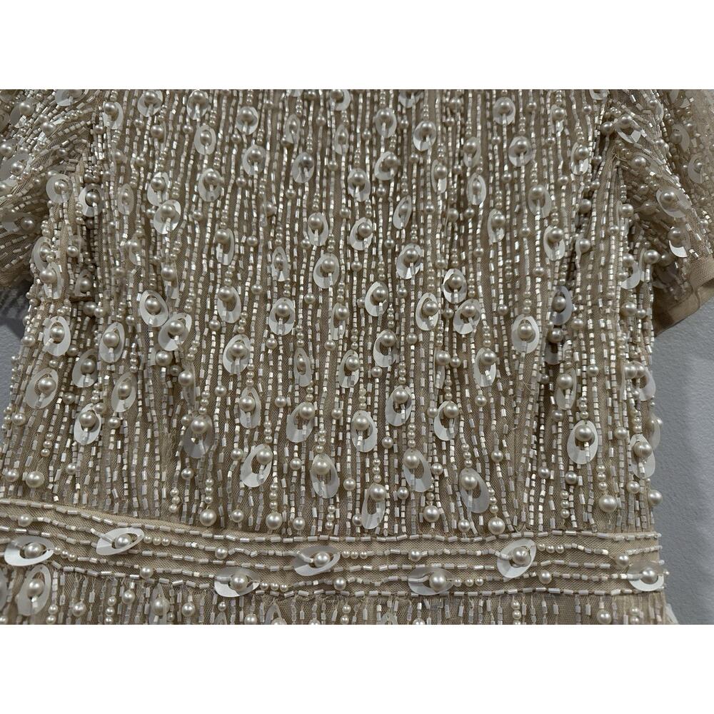 Mac Duggal 93893 Beige High Neck Short Sleeve Embellished Midi Sheath Dress Sz 6 - Picture 4 of 8